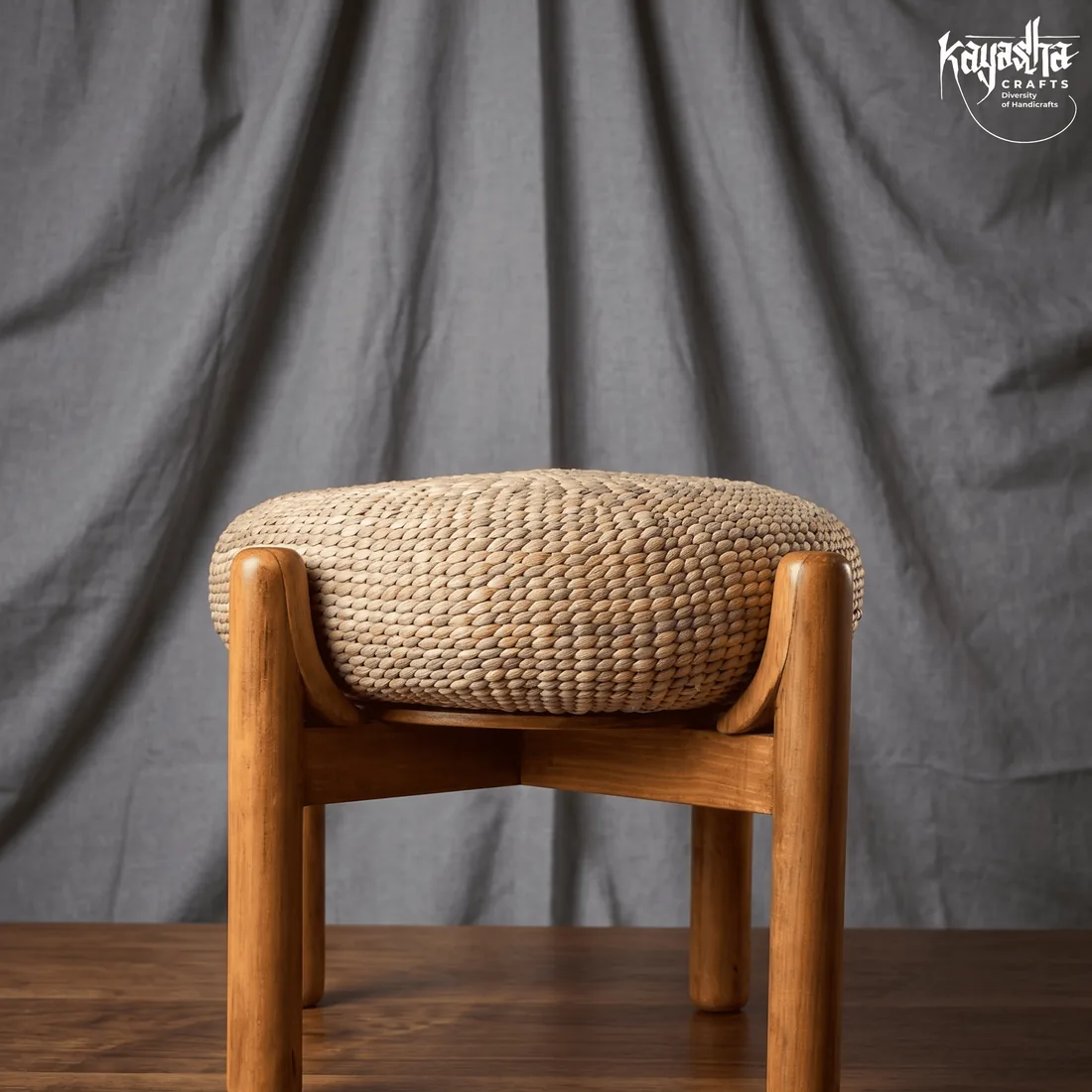 Elephant grass muda stool with wooden base